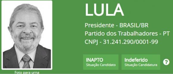 No Site do Tribunal Superior Eleitoral (TSE), Lula, desde ontem, 1º de setembro, aparece como “indeferido”