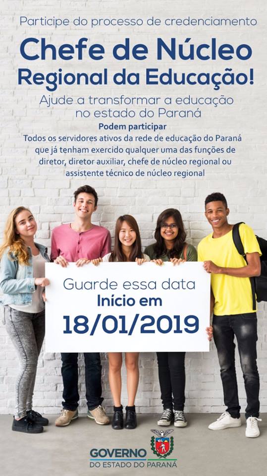 Credenciamento para os cargos de novos chefes de Núcleos Regionais de Educação do Paraná começa nessa sexta-feira (18)