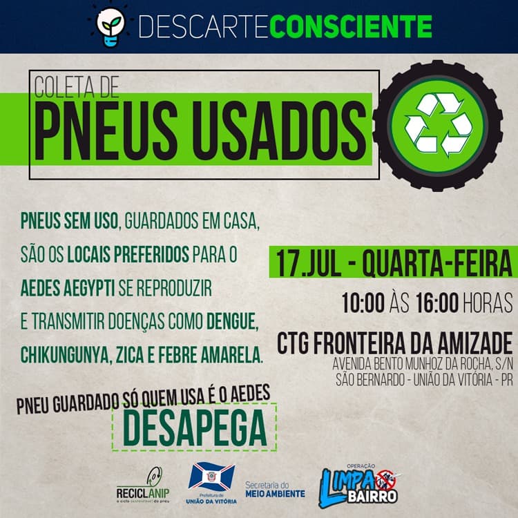 Descarte consciente de pneus em União da Vitória na próxima quarta-feira (17)