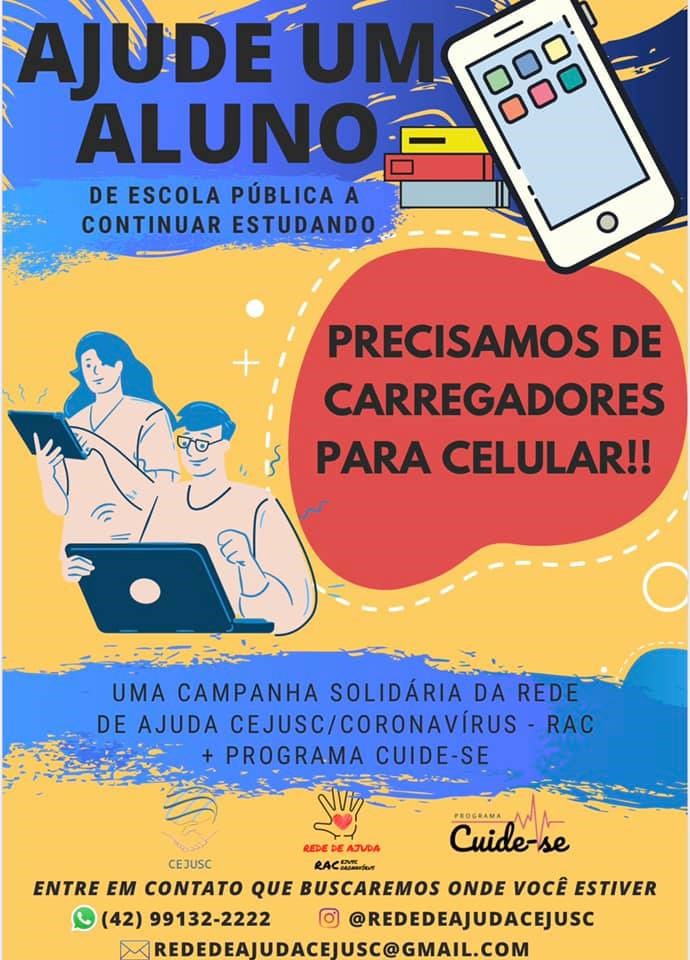 CEJUSC pede doação de carregadores para repassar celulares aos estudantes