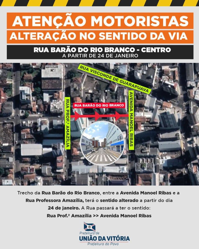 Alteração de sentido na rua Barão do Rio Branco em União da Vitória