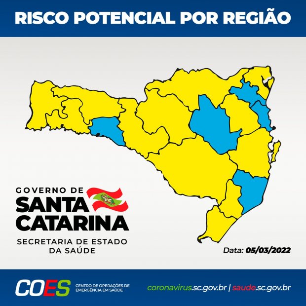 Matriz de Risco regionalizado aponta cinco regiões no nível moderado (azul) e doze no ato nível (amarelo)