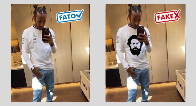 É falsa a camiseta que mostra o piloto Lewis Hamilton com o rosto der Lula