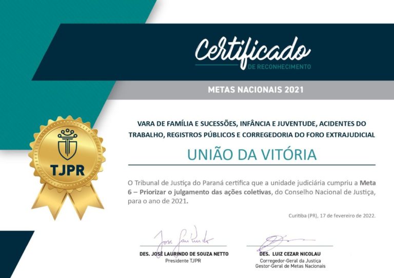 Vara da Família, Infância e Juventude e Cejusc recebem certificado do TJPR pelo cumprimento das metas do CNJ