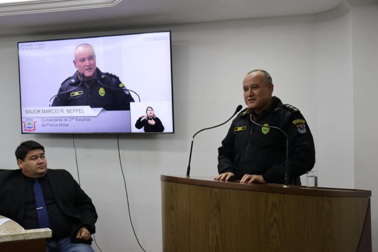 Major Marcio Rogerio Nepell, novo comandante do 27º Batalhão da Polícia Militar fala aos vereadores de União da Vitória